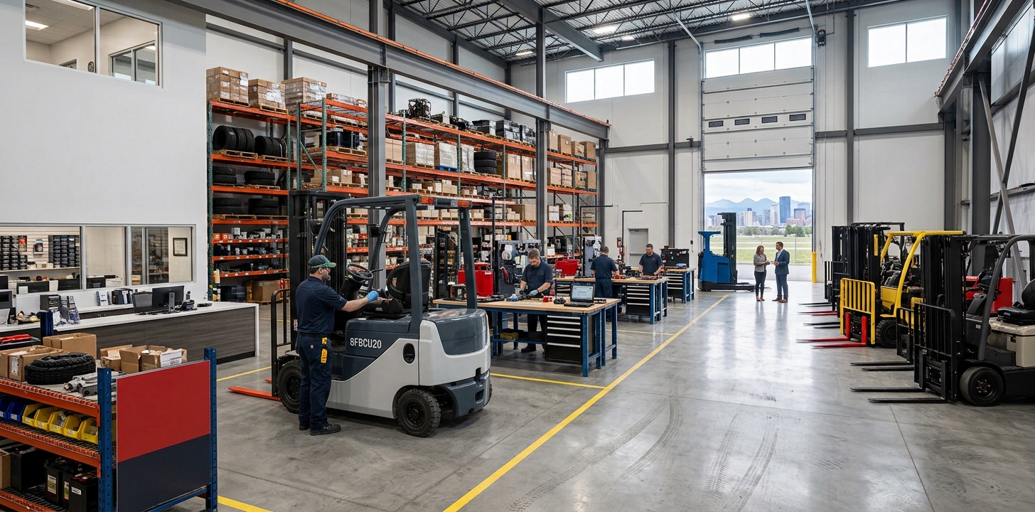 CSL Equipment technicians servicing a forklift on the shop floor, with a parts department and additional forklifts in the background